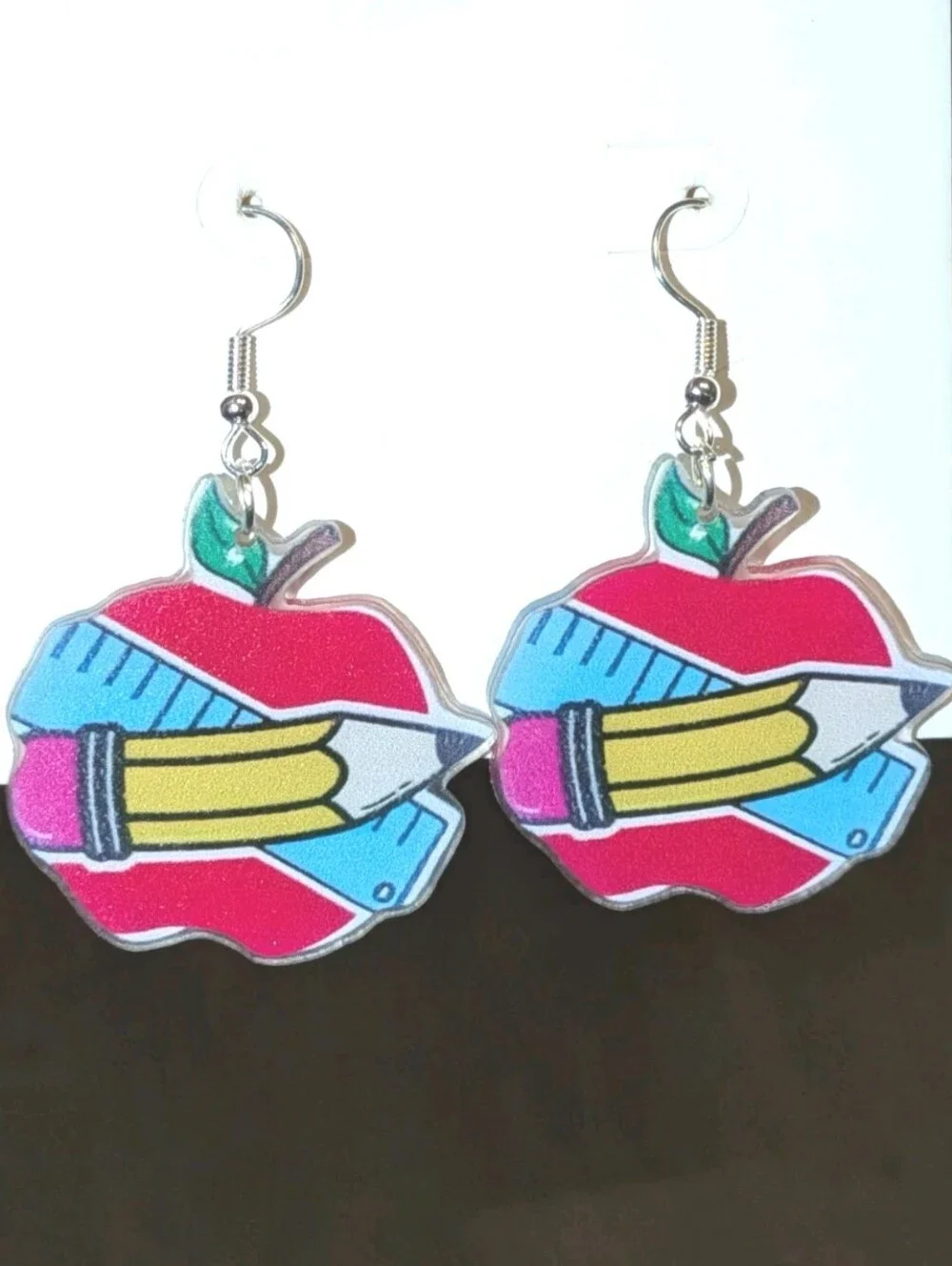 Hand Crafted Women/Kids Red Apple & Pencil Dangle Earrings